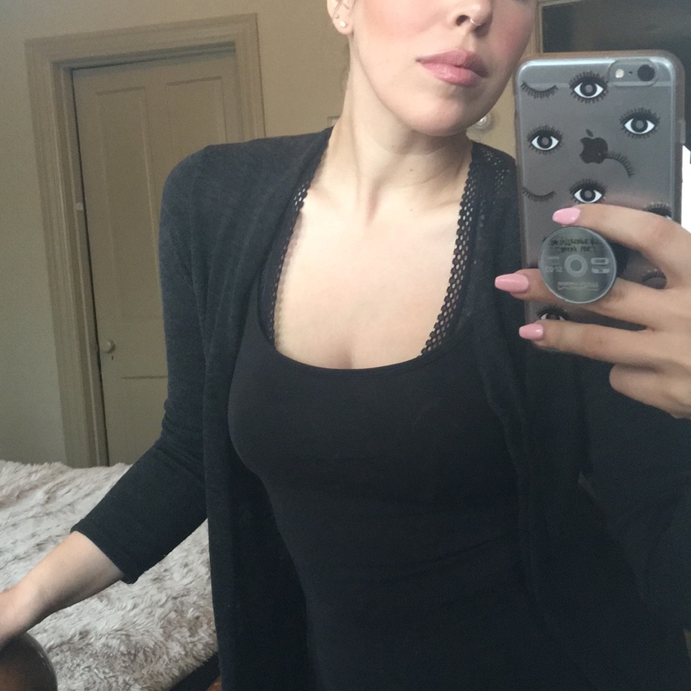 🌿 dark grey open front cardigan with high slits